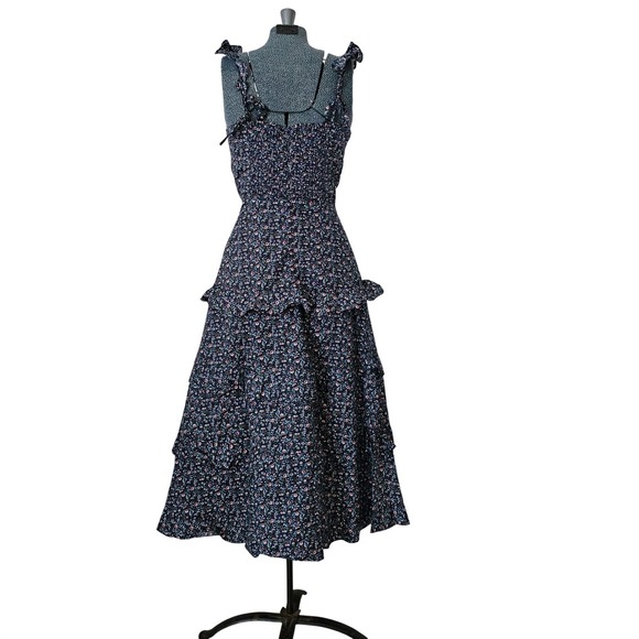 Dress Forum Navy Blue Floral Tiered Ruffle Midi Dress Smocked Back NWT Medium - Picture 4 of 14